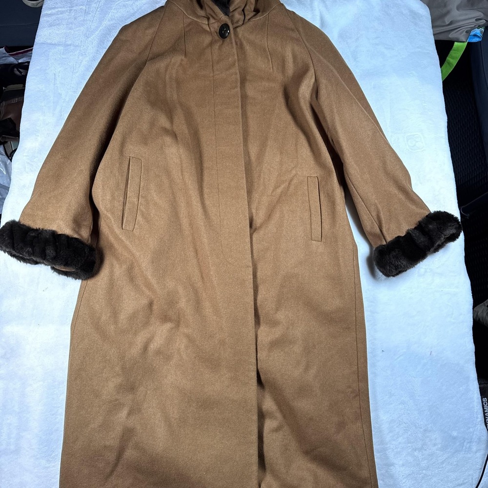 Vintage Donnybrook Coat Womens 16 Brown Hooded Faux Fur Trim Wool Blend 90s